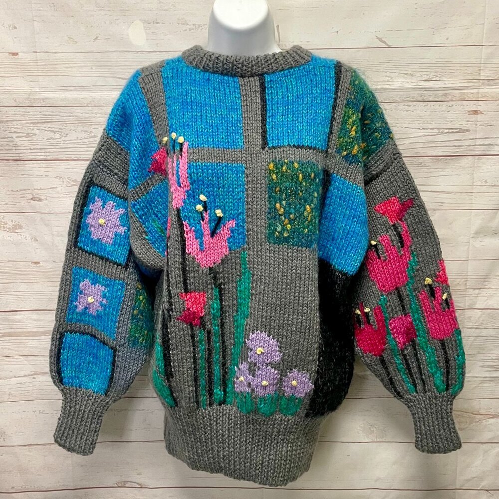 Vintage Hand Knit Patchwork Boho Sweater